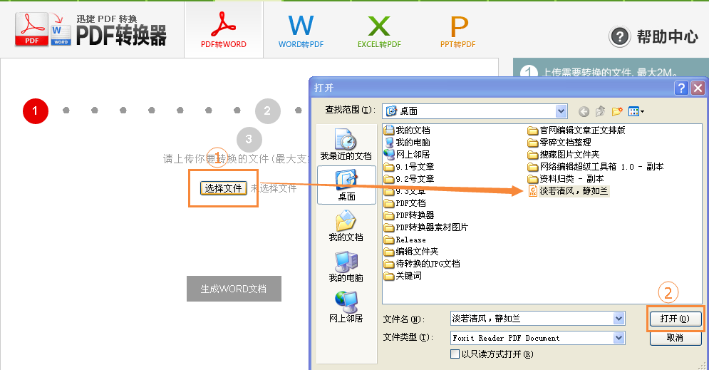 1.点图中“选择文件”按钮把需要转换的PDF文件拖到云端服务器中就可以，拖入的文件将会显示在后台，实际最多支持2M大小的文件转换。