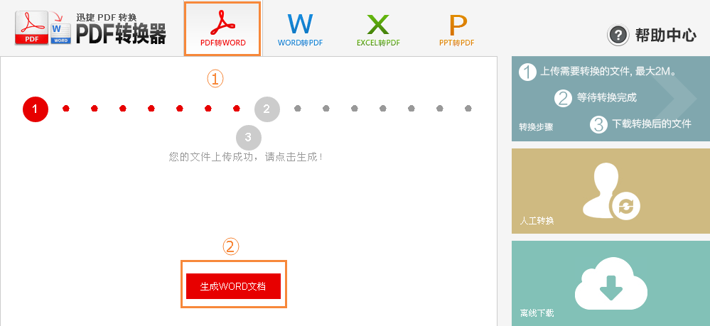 2.选择一下你准备吧你的PDF到处成什么格式，迅捷在线PDF转换器目前支持多个流行格式互转，包括PDF转Word、Excel转PDF、Word转PDF以及PPT转PDF等等,选定格式后，我们直接按下“生成Word文档”按键，机智地转换中......